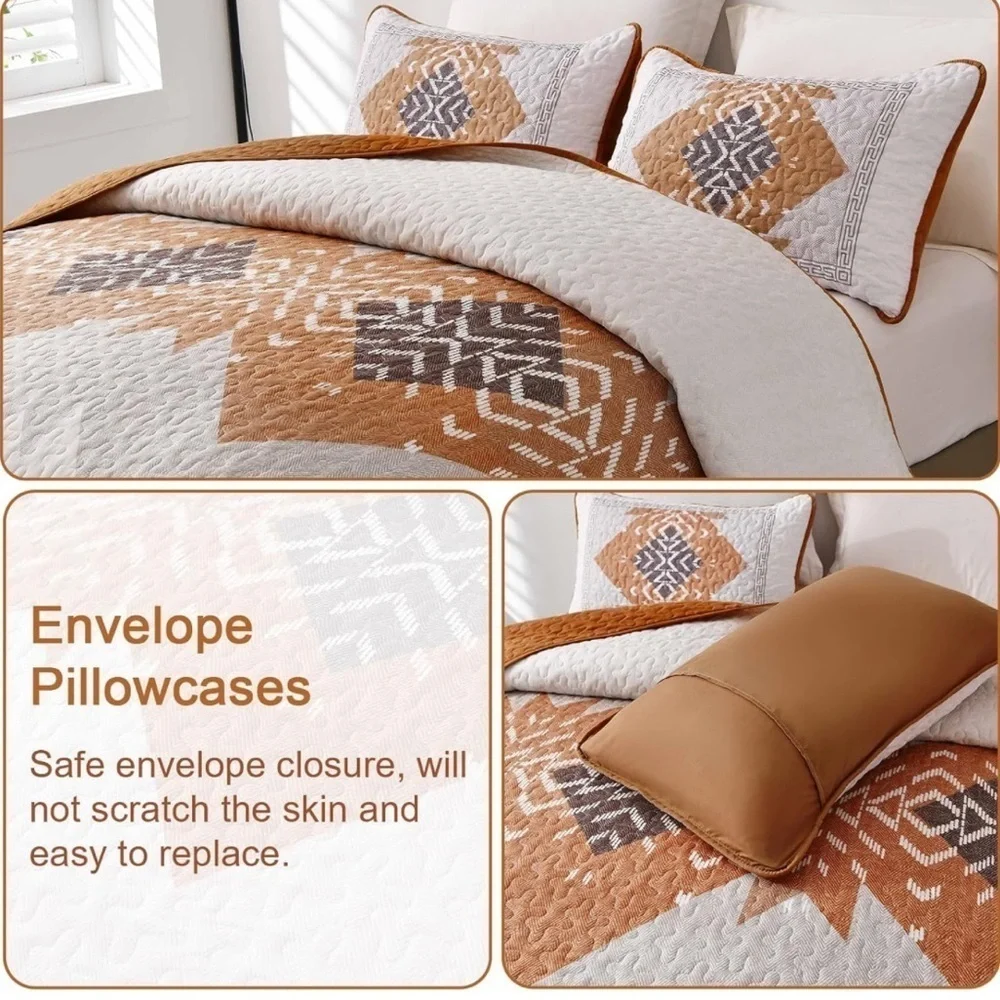 New Boho Queen Quilt Set 3 Pieces Aztec Texture Bedspread Coverlet Set Light